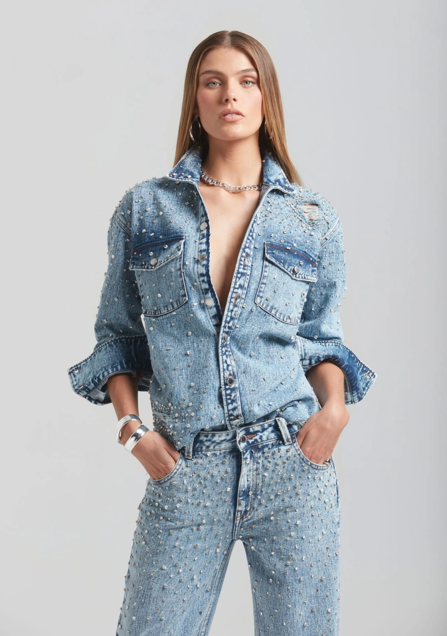 Doreen Crystal Embellished Denim Shirt 1 Doreen Crystal Embellished Denim Shirt